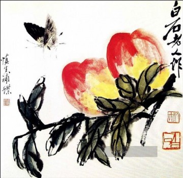 Qi Baishi Schmetterling und Pfirsich alte China Tinte Ölgemälde